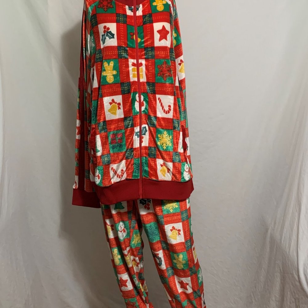 Christmas Tracksuit 2 Piece Set Velour Jacket Pant Jogger Merry Plaid Red 2XL